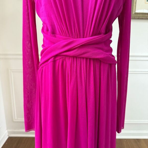 Fuzzi Italy Magenta Fuchsia Fluid Mesh Tulle Midi Long Sleeve Dress $450 20 - Picture 3 of 9